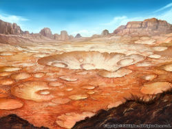 Rule 34 | blue sky, cloud, commentary request, crater, desert, highres, no humans, outdoors, scenery, seisen cerberus, sky, watermark, z.dk