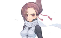 Rule 34 | 1girl, closed mouth, commentary request, highres, kemurikusa, looking at viewer, pink hair, red eyes, rin (kemurikusa), scarf, solo, tanakalma, upper body, white scarf, wind, wind lift