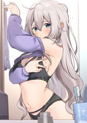 Rule 34 | 1girl, arm up, armpits, bare shoulders, bite mark, bite mark on breast, black bra, black eyes, black panties, blush, bra, breasts, cleavage, clothes lift, commentary request, cup, double-parted bangs, grey hair, hair between eyes, highres, indoors, large breasts, lifting own clothes, long hair, looking at mirror, looking at viewer, midriff, mirror, mug, navel, original, panties, purple shirt, reflection, ry thae, sanyu (ry thae), shirt, shirt lift, single bare shoulder, solo, stomach, toothbrush, underwear, upper body
