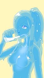 Rule 34 | blue eyes, blue hair, blue skin, colored skin, cup, drinking glass, highres, milk, monster girl, no nipples, ponytail, see-through, slime girl