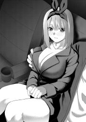 Rule 34 | 1girl, blush, bow hairband, breasts, cleavage, collarbone, commentary request, embarrassed, go-toubun no hanayome, grabbing, grabbing another&#039;s breast, greyscale, groping, hairband, highres, jacket, kosmos beta, lapels, large breasts, long sleeves, monochrome, nakano yotsuba, paid reward available, short hair, sitting, skirt, solo focus, suit jacket, tearing up, thighs