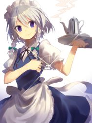 Rule 34 | 1girl, apron, between fingers, blue dress, blue eyes, cup, dress, hair between eyes, highres, holding, holding knife, izayoi sakuya, knife, knives between fingers, looking at viewer, maid apron, maid headdress, puffy short sleeves, puffy sleeves, short hair, short sleeves, silver hair, smile, solo, standing, teacup, teapot, touhou, yusano