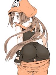 Rule 34 | 1girl, ass, bike shorts, bike shorts under shorts, black gloves, bob cut, brown eyes, brown hair, cameltoe, clothes pull, cowboy shot, fingerless gloves, from behind, gloves, guilty gear, guilty gear xrd, hat, long hair, looking at viewer, looking back, matching hair/eyes, may (guilty gear), pirate hat, poncocchan, pulling own clothes, sailor collar, short hair with long locks, shorts, shorts pull, solo, sports bra, white background