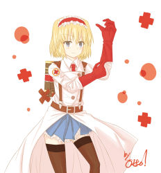 Rule 34 | 1girl, alice margatroid, backpack, bag, belt, black thighhighs, blonde hair, blue eyes, coat, cosplay, cross, female focus, gloves, hairband, hbkhk2007, highres, medic (tf2), red cross, red medic (tf2), short hair, solo, suspenders, team fortress 2, the medic (cosplay), thighhighs, touhou
