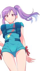 Rule 34 | 1girl, bare arms, blue jumpsuit, breasts, closed mouth, floating hair, gundam, gundam zz, highres, jumpsuit, junjonta, long hair, looking at viewer, medium breasts, purple hair, red eyes, red ribbon, ribbon, roux louka, short jumpsuit, short sleeves, side ponytail, simple background, smile, solo, standing, star (symbol), star print, thigh gap, white background