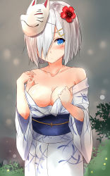 Rule 34 | 10s, 1girl, :&lt;, absurdres, blue eyes, blush, breasts, cleavage, collarbone, female focus, flower, fox mask, gradient background, hair flower, hair ornament, hair over one eye, hairclip, hamakaze (kancolle), hibiscus, highres, japanese clothes, kantai collection, kimono, large breasts, mask, off shoulder, open clothes, open kimono, saku (kudrove), sash, silver hair, solo, yukata