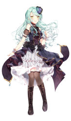 Rule 34 | 1girl, aqua flower, aqua hair, aqua rose, ascot, bang dream!, black ascot, black choker, black footwear, black thighhighs, blue flower, blue rose, boots, choker, clenched hand, collared dress, corsage, corset, detached sleeves, dress, flower, frilled dress, frills, full body, hand on own chest, highres, hikawa sayo, knee boots, looking at viewer, overskirt, rose, see-through, see-through sleeves, simple background, smile, solo, standing, taya oco, thighhighs, white background, wrist cuffs, yellow eyes
