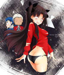 Rule 34 | 1girl, 2boys, archer (fate), ass, black panties, black thighhighs, blood, blue hair, blush, breasts, brown hair, constricted pupils, cu chulainn (fate), cu chulainn (fate/stay night), embarrassed, fate/stay night, fate (series), from behind, hair ribbon, highres, hikari0910, long hair, looking back, looking down, multiple boys, no pants, nosebleed, open mouth, panties, ponytail, ribbon, short hair, sideboob, surprised, thighhighs, tohsaka rin, torn clothes, twintails, underwear, white hair