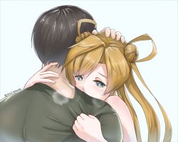 Rule 34 | 10s, 1boy, 1girl, abukuma (kancolle), artist name, black hair, blonde hair, blue eyes, breath, clothed male nude female, disco brando, double bun, hair rings, hand on another&#039;s head, heart, heart-shaped pupils, heavy breathing, hetero, hug, implied sex, kantai collection, long hair, nude, shirt grab, symbol-shaped pupils, twintails