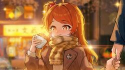 Rule 34 | + +, 1boy, 1girl, absurdres, coat, eating, food, food on face, highres, holding hands, idolmaster, idolmaster million live!, idolmaster million live! theater days, long hair, night, ogami tamaki, one side up, orange eyes, orange hair, outdoors, scarf, sillon, solo focus, winter clothes