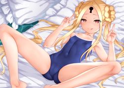 Rule 34 | 1girl, abigail williams (fate), abigail williams (swimsuit), abigail williams (swimsuit foreigner) (fate), abigail williams (swimsuit foreigner) (third ascension) (fate), bare shoulders, blonde hair, blue one-piece swimsuit, blush, braid, braided hair rings, breasts, closed mouth, competition school swimsuit, covered navel, double v, fate/grand order, fate (series), forehead, hair rings, highres, keyhole, licking lips, long hair, looking at viewer, lying, okina ika, on back, one-piece swimsuit, parted bangs, red eyes, school swimsuit, sidelocks, small breasts, smile, solo, spread legs, swimsuit, thighs, tongue, tongue out, twin braids, twintails, v, very long hair