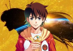 Rule 34 | 1boy, amulet, antennae, blue eyes, character request, cloud, commentary request, earth (planet), fake screenshot, green (gurin), holding, hood, in orbit, introduction, logo, long hair, looking at viewer, magma taishi, magma taishi (character), murakami mamoru, original, planet, redesign, scarf, serious, shadow, space, star (sky), sun, sunrise, sweater, upper body, very long hair, when you see it