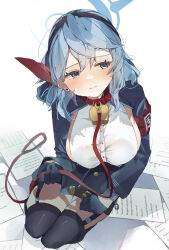 Rule 34 | 1girl, absurdres, ako (blue archive), bell, blue archive, blue hair, blush, breasts, collar, from above, garter straps, gloves, half-closed eyes, higa (gominami), highres, large breasts, leaning to the side, leash, long hair, looking to the side, neck bell, paper, seiza, sideboob, simple background, sitting, solo, thighhighs, white background