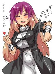 Rule 34 | 1girl, bandages, blush, breasts, brown hair, closed eyes, false smile, gradient hair, happy, hijiri byakuren, large breasts, long hair, mimuni362, motion lines, multicolored hair, open mouth, purple hair, simple background, smile, solo, sparkle, touhou, translation request, white background
