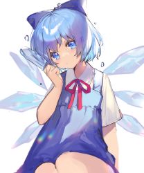 Rule 34 | 1girl, absurdres, arm up, blue bow, blue dress, blue eyes, blue hair, bow, cirno, commentary, cowboy shot, dress, food, hair bow, head tilt, highres, holding, holding food, ice, ice wings, looking at viewer, miebao, necktie, parted lips, popsicle, red necktie, shirt, shirt under dress, short hair, short sleeves, simple background, sitting, solo, touhou, water drop, white background, white shirt, wings