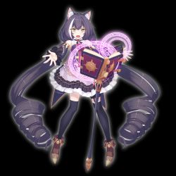 Rule 34 | 1girl, absurdly long hair, animal ear fluff, animal ears, bare shoulders, black background, black hair, black thighhighs, blue sleeves, book, boots, breasts, brown footwear, cat ears, commentary request, detached sleeves, dev (dev0614), frilled skirt, frills, green eyes, highres, karyl (princess connect!), long hair, long sleeves, looking at viewer, low twintails, magic circle, multicolored hair, open book, open mouth, outdoors, outstretched arms, princess connect!, purple skirt, ringlets, shirt, skirt, sleeveless, sleeveless shirt, sleeves past wrists, small breasts, solo, staff, streaked hair, thighhighs, thighhighs under boots, twintails, v-shaped eyebrows, very long hair, white hair, white shirt