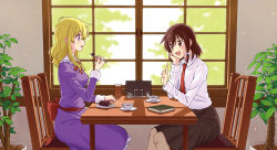 Rule 34 | 2girls, black skirt, blonde hair, blush, book, bow, breasts, brown eyes, brown hair, cake, chair, collared shirt, cup, dress, eating, food, friends, hair bow, hand on own cheek, hand on own face, hand up, holding, holding spoon, indoors, kannari, legs, long hair, long sleeves, looking at another, maribel hearn, multiple girls, necktie, no headwear, open mouth, plant, plate, pleated skirt, pointing, potted plant, puffy long sleeves, puffy sleeves, purple dress, purple eyes, ribbon, room, sash, saucer, shadow, shirt, short hair, silhouette, sitting, skirt, sleeves rolled up, smile, spoon, sugar cube, sunlight, table, talking, tea, teacup, thighs, touhou, tree, usami renko, white shirt, window
