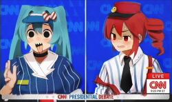 2024_cnn_presidential_debate 2girls aqua_hair black_eyes black_necktie blue_shirt cnn drill_hair hat hatsune_miku highres kasane_teto mesmerizer_(vocaloid) multiple_girls necktie red_eyes red_hair red_hat red_suspenders sharp_teeth shirt striped_clothes striped_shirt sweatdrop teeth tongue tongue_out twin_drills twintails utau vhs_artifacts visor_cap vocaloid white_shirt zhykyon