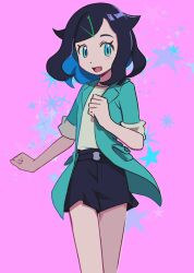 Rule 34 | 1girl, :d, black hair, black shorts, blush, clenched hands, coat, commentary request, creatures (company), eyelashes, game freak, green coat, green eyes, hair ornament, hairclip, hand up, high-waist shorts, highres, ivib, liko (pokemon), medium hair, nintendo, open clothes, open coat, open mouth, pokemon, pokemon (anime), pokemon horizons, purple background, shirt, shorts, sleeves rolled up, smile, solo, star (symbol), white shirt