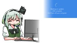 Rule 34 | 1girl, anger vein, black bow, black bowtie, black hairband, bow, bowtie, closed mouth, collared shirt, commentary, english text, false smile, green vest, grey hair, hairband, headset, highres, kasuya baian, keyboard (computer), konpaku youmu, microsoft windows, monitor, mouse (computer), puffy short sleeves, puffy sleeves, screenshot inset, shirt, short hair, short sleeves, sidelocks, simple background, smile, solo, touhou, upper body, vest, white background, white shirt