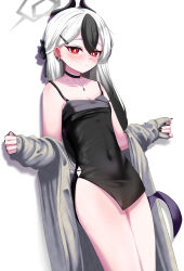 Rule 34 | 1girl, absurdres, bare legs, black choker, black dress, black hair, black horns, black nails, black ribbon, blue archive, breasts, bright pupils, cardigan, choker, cleavage, collarbone, covered navel, demon horns, demon wings, dot nose, dress, dyed bangs, ear piercing, gradient hair, grey cardigan, grey halo, hair between eyes, hair ornament, hair ribbon, hairclip, halo, highres, hip vent, horns, kayoko (blue archive), kayoko (dress) (blue archive), leaning back, light frown, long hair, looking at viewer, low wings, mayou940114, mole, mole on neck, multicolored hair, off shoulder, open cardigan, open clothes, outstretched arms, pendant choker, piercing, red eyes, ribbon, shadow, short dress, side slit, simple background, single wing, small breasts, spaghetti strap, tsurime, two-tone hair, white background, white hair, white pupils, wings