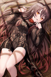 Rule 34 | 1girl, :d, absurdres, black dress, black nails, blush, breasts, brown hair, carpet, chinese clothes, chromatic aberration, commentary, dress, feet out of frame, finger to mouth, flower-shaped pupils, funii, genshin impact, grin, hair between eyes, highres, hu tao (genshin impact), indoors, jewelry, long hair, long sleeves, looking at viewer, lying, nail polish, on back, on floor, open mouth, red eyes, revision, ring, small breasts, smile, socks, solo, symbol-shaped pupils, tassel, thighs, very long hair, white socks, window shadow