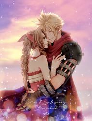 Rule 34 | 1boy, 1girl, aerith gainsborough, armor, arms around waist, artist name, bare arms, bare shoulders, blonde hair, braid, braided ponytail, brown gloves, brown hair, cloak, closed eyes, cloud strife, couple, cowboy shot, dated, dress, english text, final fantasy, final fantasy vii, gloves, green eyes, hair ribbon, halter dress, halterneck, hand on another&#039;s chest, hetero, highres, kingdom hearts, kingdom hearts ii, long dress, long hair, multicolored clothes, multicolored dress, official alternate costume, outdoors, parted bangs, pink dress, red cloak, red dress, red ribbon, ribbon, short hair, shoulder armor, sidelocks, smile, sparkle, spiked hair, thigh strap, torn cloak, torn clothes, wavy hair, white dress, yco 030601