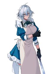 Rule 34 | 1girl, absurdres, ahoge, apron, artist name, blue eyes, braid, breasts, cowboy shot, gloves, grey hair, hair between eyes, highres, himadera, holding, izayoi sakuya, large breasts, looking at viewer, maid, maid apron, maid headdress, simple background, solo, thighhighs, touhou, twin braids, twitter username, watermark, white background