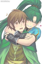 Rule 34 | 1boy, 1girl, artist name, blush, brown eyes, brown hair, cape, closed mouth, earrings, fingernails, fire emblem, fire emblem: the blazing blade, fire emblem heroes, gloves, gofelem, green cape, green hair, grin, hug, hug from behind, jewelry, lips, lyn (fire emblem), mark (fire emblem: the blazing blade), nintendo, open mouth, parted lips, ponytail, short sleeves, simple background, smile, teeth, twitter username, upper body