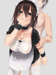 Rule 34 | 1boy, 1girl, apron, arm grab, blush, breasts, brown hair, choker, cleavage, clothed female nude male, collarbone, covered erect nipples, covering own mouth, cowboy shot, frilled choker, frills, green eyes, hair between eyes, hakumei kosen, hand over own mouth, hetero, highres, implied sex, large breasts, leaning forward, long hair, maid, maid apron, maid headdress, no bra, nude, original, thighhighs, white thighhighs, wrist cuffs