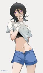 Rule 34 | 1girl, artist name, black hair, bleach, clothes lift, cmwl 514, cowboy shot, denim, denim shorts, grey background, groin, guilty challenge (meme), hair between eyes, hand on own face, highres, kuchiki rukia, lifting own clothes, looking at viewer, meme, navel, shirt, shirt lift, short hair, shorts, simple background, solo, stomach, thighs, unzipped, white background, white shirt