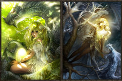 Rule 34 | 2girls, bare shoulders, blonde hair, blue eyes, collage, dragon, egg, elf, fantasy, green hair, horns, long hair, multiple girls, nature, nguy thuy ngan, pointy ears, sharp teeth, single horn, sitting, stitched, teeth, third-party edit, tree, wavy hair, wrist cuffs