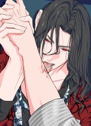 Rule 34 | 1boy, 1girl, absurdres, baji keisuke, black hair, blood, blood on arm, blood on face, fangs, female pov, franz0224, head down, highres, holding hands, jacket, light frown, long hair, looking at viewer, male focus, open mouth, portrait, pov, pov hands, red eyes, red jacket, sleeves rolled up, teeth, tokyo revengers