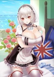 Rule 34 | 1girl, anchor choker, apron, azur lane, breast hold, breasts, choker, cleavage, dress, flower, frilled apron, frilled choker, frilled dress, frills, hair between eyes, hairband, highres, hinoyama, indoors, lace-trimmed hairband, lace trim, large breasts, looking at viewer, maid, md5 mismatch, open mouth, red eyes, red flower, red rose, resolution mismatch, rose, short hair, short sleeves, sirius (azur lane), solo, source larger, thighhighs, union jack, waist apron, water, white apron, white hair, white thighhighs, zettai ryouiki
