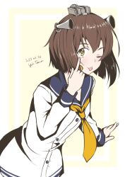 Rule 34 | 1girl, akanbe, artist name, brown eyes, brown hair, commentary request, cowboy shot, dated, dress, eyelid pull, finger to eye, headgear, kantai collection, leaning forward, looking at viewer, neckerchief, one eye closed, sailor collar, sailor dress, school uniform, serafuku, short hair, signature, simple background, solo, speaking tube headset, taira yuuki, tongue, tongue out, white background, yellow neckerchief, yukikaze (kancolle)