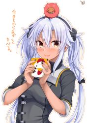 Rule 34 | 1girl, 1other, absurdres, abyssal ship, black nails, box, brown eyes, buttons, chicken nuggets, commentary request, dark-skinned female, dark skin, double-breasted, enemy lifebuoy (kancolle), grey-framed eyewear, grey shirt, hairband, highres, kantai collection, lips, looking at viewer, mashiro yukiya, musashi (kancolle), musashi kai ni (kancolle), nail polish, rectangular eyewear, shirt, silver hair, simple background, smile, translation request, twintails, upper body, white background