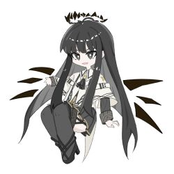 Rule 34 | 1girl, :d, ahoge, antenna hair, arknights, ascot, belt, black ascot, black dress, black eyes, black footwear, black hair, black halo, black thighhighs, black wings, blunt bangs, boots, broken halo, chibi, collared jacket, commentary, dark halo, detached wings, dress, energy wings, english commentary, full body, garter straps, halo, hand up, high heel boots, high heels, highres, hime cut, jacket, long hair, long sleeves, looking at viewer, open mouth, queys, short-sleeved jacket, short sleeves, sidelocks, simple background, sitting, smile, solo, thighhighs, thighs, very long hair, virtuosa (arknights), white background, white belt, white jacket, wings, zettai ryouiki
