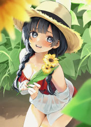 Rule 34 | 1girl, birthday, black hair, blush, braid, breasts, cleavage, commentary, commentary request, flower, grey eyes, hat, highres, hinami riku, holding, holding flower, long hair, looking at viewer, love live!, love live! nijigasaki high school idol club, medium breasts, one-piece swimsuit, partial commentary, plant, red one-piece swimsuit, sidelocks, solo, swimsuit, twin braids, yuki setsuna (love live!)