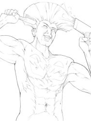 Rule 34 | akinbo (hyouka fuyou), capcom, empty eyes, flattop, greyscale, grin, guile, hair brush, hair dryer, hairdressing, male focus, monochrome, muscular, smile, solo, street fighter, topless male, when you see it