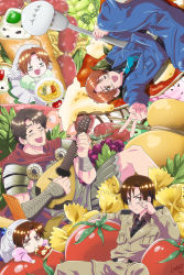 Rule 34 | 5boys, = =, aged down, ahoge, angry, axis powers hetalia, brown hair, closed eyes, dress, eating, facial hair, food, food in mouth, fork, fruit, grapes, greco-roman clothes, guitar, hand on own face, highres, instrument, ladygt93, multiple boys, multiple persona, music, northern italy (hetalia), official style, one eye closed, pasta, pizza, playing instrument, roman clothes, rome (hetalia), sausage, short hair, southern italy (hetalia), spaghetti, tomato, uniform, v, vegetable