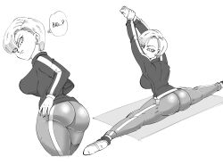 Rule 34 | 1girl, absurdres, android 18, ass, breasts, cropped legs, dragon ball, dragon ball super, dragon ball super super hero, earrings, english text, funsexydb, highres, impossible clothes, impossible jacket, jacket, jewelry, large breasts, pants, short hair, skin tight, split, thighs, thought bubble, track jacket, track pants