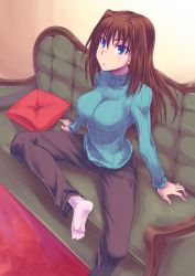 Rule 34 | 1girl, aozaki aoko, barefoot, blue eyes, breasts, brown hair, couch, highres, long hair, mahou tsukai no yoru, myp2, pillow, ribbed sweater, sitting, solo, sweater