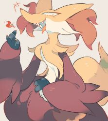 Rule 34 | +++, 1girl, akadako, animal ear fluff, animal ears, animal hands, animal nose, bags under eyes, body fur, breasts, claws, constricted pupils, creatures (company), delphox, fangs, fellatio gesture, female focus, fire, fox ears, fox girl, fox tail, furry, furry female, game freak, gen 6 pokemon, grey background, grey outline, hand on lap, hand up, happy, multicolored fur, nintendo, one-hour drawing challenge, open mouth, pokemon, pokemon (creature), red eyes, red fur, simple background, sitting, slit pupils, small breasts, smile, snout, solo, tail, tongue, tongue out, white fur, yellow fur