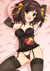 Rule 34 | 00s, 1girl, armpits, arms behind head, ass, black garter straps, black panties, black thighhighs, box, breasts, brown eyes, brown hair, candy, chocolate, chocolate heart, food, garter straps, hairband, haruhisky, heart, heart-shaped box, highres, large breasts, lingerie, looking at viewer, lying, on back, on bed, orange hairband, panties, short hair, solo, string panties, suzumiya haruhi, suzumiya haruhi no yuuutsu, thighhighs, thong, underwear, underwear only
