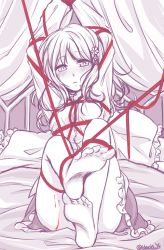 Rule 34 | 10s, 1girl, arms up, bare legs, barefoot, bdsm, bed, blood, blush, bondage, bound, breasts, diabolik lovers, feet, flower, hair ornament, hairpin, harin yu, komori yui, looking at viewer, monochrome, school uniform, sitting, skirt, small breasts, solo, uniform