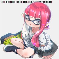 Rule 34 | 1girl, bike shorts, black footwear, black shorts, bullpup, commentary request, fur-trimmed jacket, fur trim, grey background, grey eyes, grey jacket, gun, highres, inkling, inkling girl, inkling player character, jacket, kuro kosyou, long hair, long sleeves, looking at viewer, mask, nintendo, off shoulder, p90, parted lips, personal defense weapon, pointy ears, red hair, shadow, shirt, shoes, short shorts, short sleeves, shorts, sitting, sleeves past wrists, sneakers, solo, submachine gun, tentacle hair, very long hair, weapon, white shirt