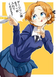 Rule 34 | 1girl, :p, aono3, black necktie, black pantyhose, black ribbon, blue eyes, blue skirt, blue sweater, braid, cowboy shot, cup, dress shirt, emblem, girls und panzer, hair ribbon, highres, holding, holding cup, index finger raised, leaning forward, long sleeves, looking to the side, miniskirt, necktie, orange background, orange hair, orange pekoe (girls und panzer), outline, outside border, pantyhose, parted bangs, pleated skirt, ribbon, school uniform, shirt, short hair, skirt, smile, solo, st. gloriana&#039;s (emblem), st. gloriana&#039;s school uniform, standing, sweater, teacup, tongue, tongue out, translated, twin braids, v-neck, white outline, white shirt, wing collar