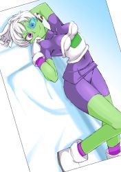 Rule 34 | 1girl, armor, bodysuit, boots, breasts, cheelai, cleavage, closed mouth, colored skin, commentary request, dragon ball, dragon ball super, dragon ball super broly, gloves, graphite (medium), green-tinted eyewear, green skin, looking at viewer, millipen (medium), onnaski, purple bodysuit, purple eyes, purple shorts, scouter, short hair, shorts, smile, solo, tinted eyewear, traditional media, white gloves, white hair