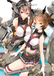 Rule 34 | 10s, 218, 2girls, :o, black hair, blush, breast rest, breasts, cleavage, gloves, green eyes, headgear, kantai collection, kneeling, large breasts, long hair, machinery, multiple girls, mutsu (kancolle), nagato (kancolle), navel, red eyes, short hair, skirt, smile, striped clothes, striped legwear, striped thighhighs, thighhighs, water, white gloves