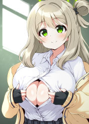 Rule 34 | 1girl, belt, black gloves, blue archive, blush, bow, breasts, brown hair, button gap, buttons, cleavage, closed mouth, collarbone, collared shirt, dress shirt, fingerless gloves, gloves, green eyes, hair bow, hair bun, highres, hiraga daidai, huge breasts, indoors, large breasts, long hair, long sleeves, looking at viewer, nonomi (blue archive), off shoulder, one side up, open clothes, open shirt, paizuri invitation, partially unbuttoned, shirt, single hair bun, skirt, sleeves past wrists, smile, solo, spread cleavage, unbuttoned, unbuttoned shirt, underwear, upper body, white shirt